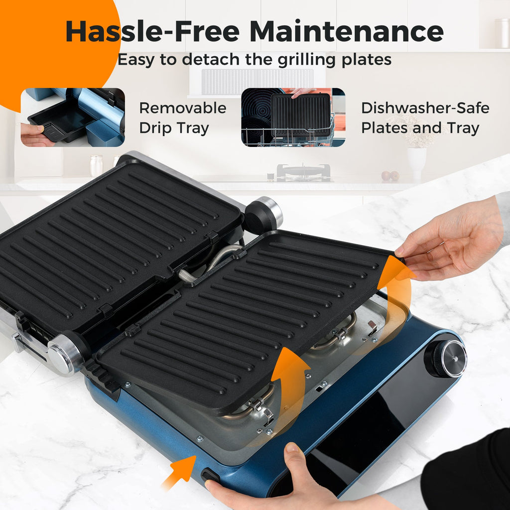1200W Panini Press Grill with LED Display and 7 Grilling Modes-Blue