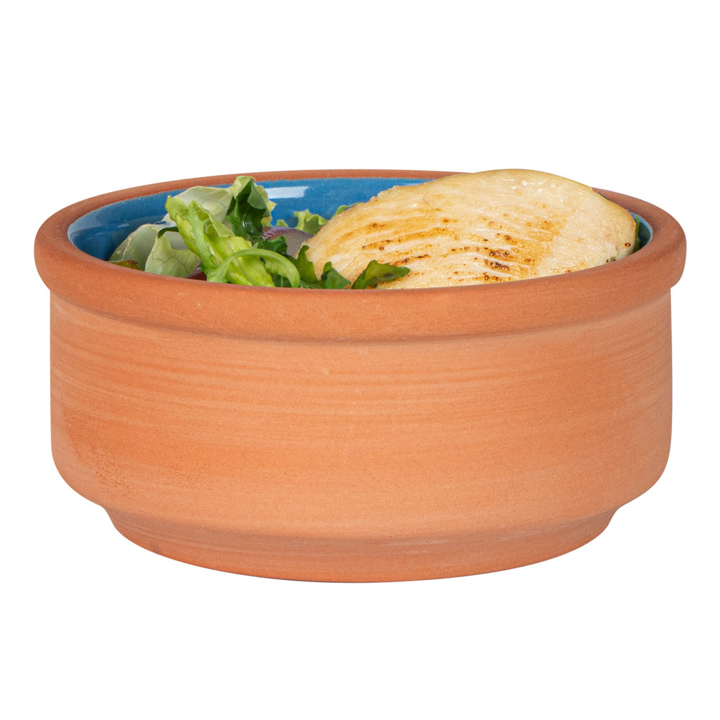Terra Tek 3 oz Terracotta Cazuela Bowl - Blue Glazed Interior, Oven-Safe, Microwave-Safe - 3 1/4'' x 3 1/4'' x 1 1/2'' - 10 count box