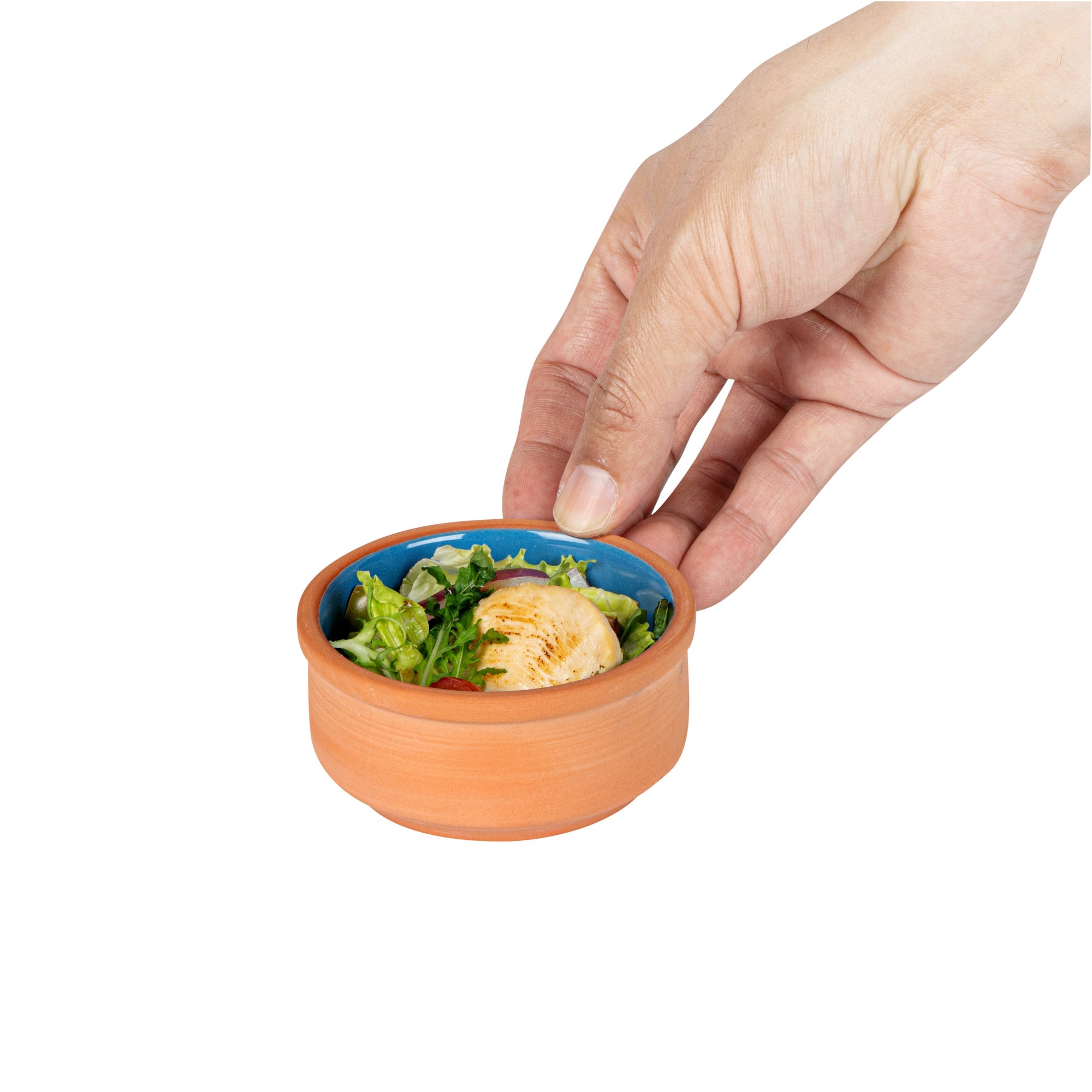 Terra Tek 3 oz Terracotta Cazuela Bowl - Blue Glazed Interior, Oven-Safe, Microwave-Safe - 3 1/4'' x 3 1/4'' x 1 1/2'' - 10 count box
