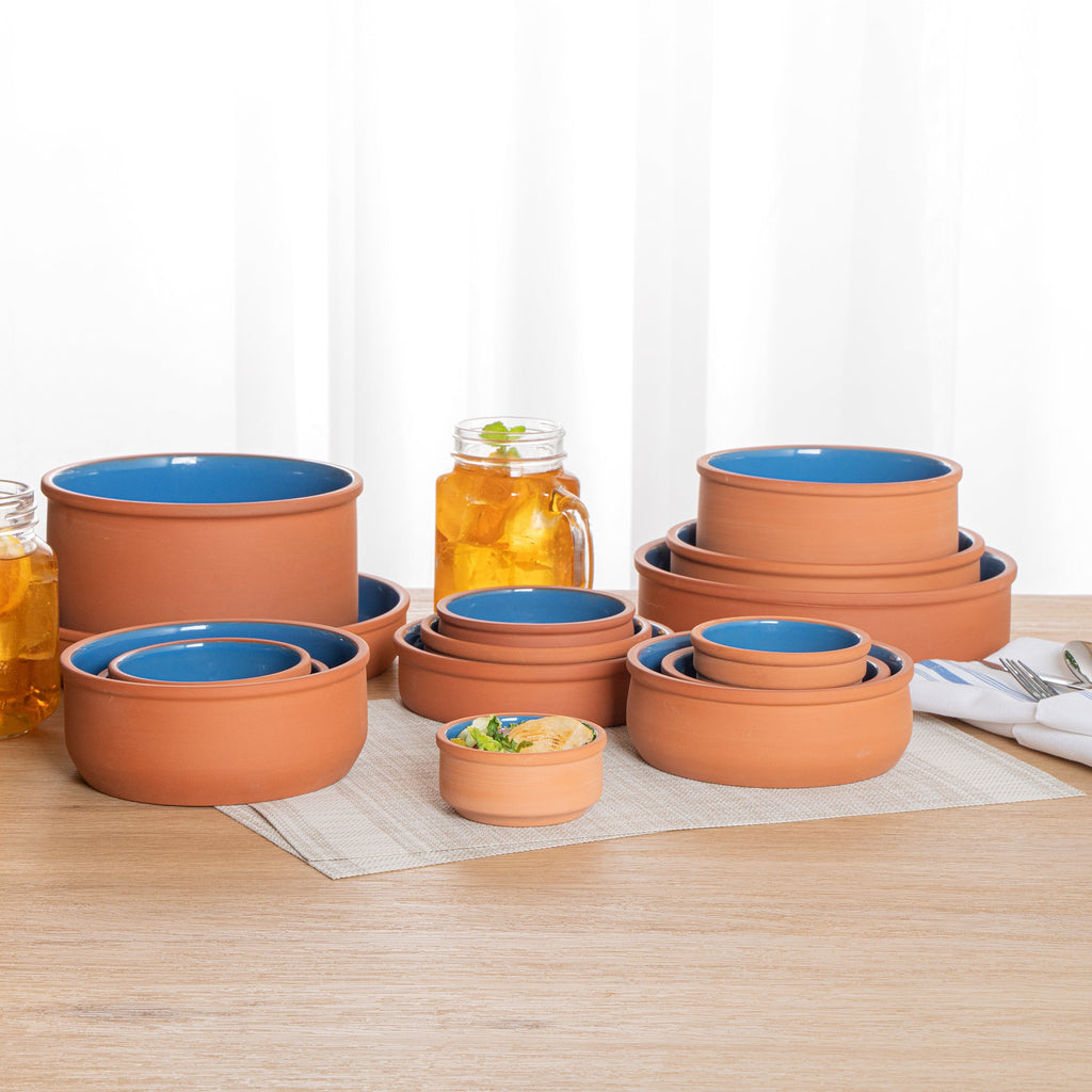 Terra Tek 3 oz Terracotta Cazuela Bowl - Blue Glazed Interior, Oven-Safe, Microwave-Safe - 3 1/4'' x 3 1/4'' x 1 1/2'' - 10 count box