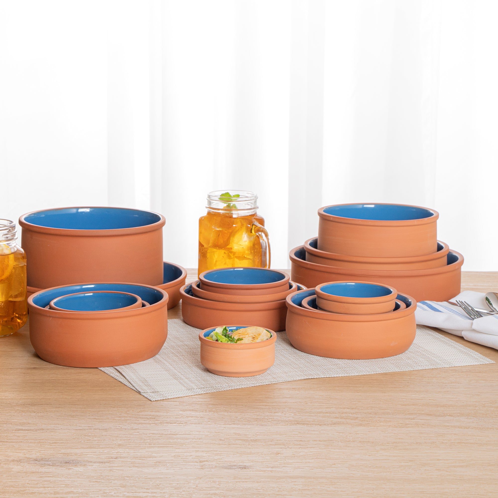 Terra Tek 3 oz Terracotta Cazuela Bowl - Blue Glazed Interior, Oven-Safe, Microwave-Safe - 3 1/4'' x 3 1/4'' x 1 1/2'' - 10 count box