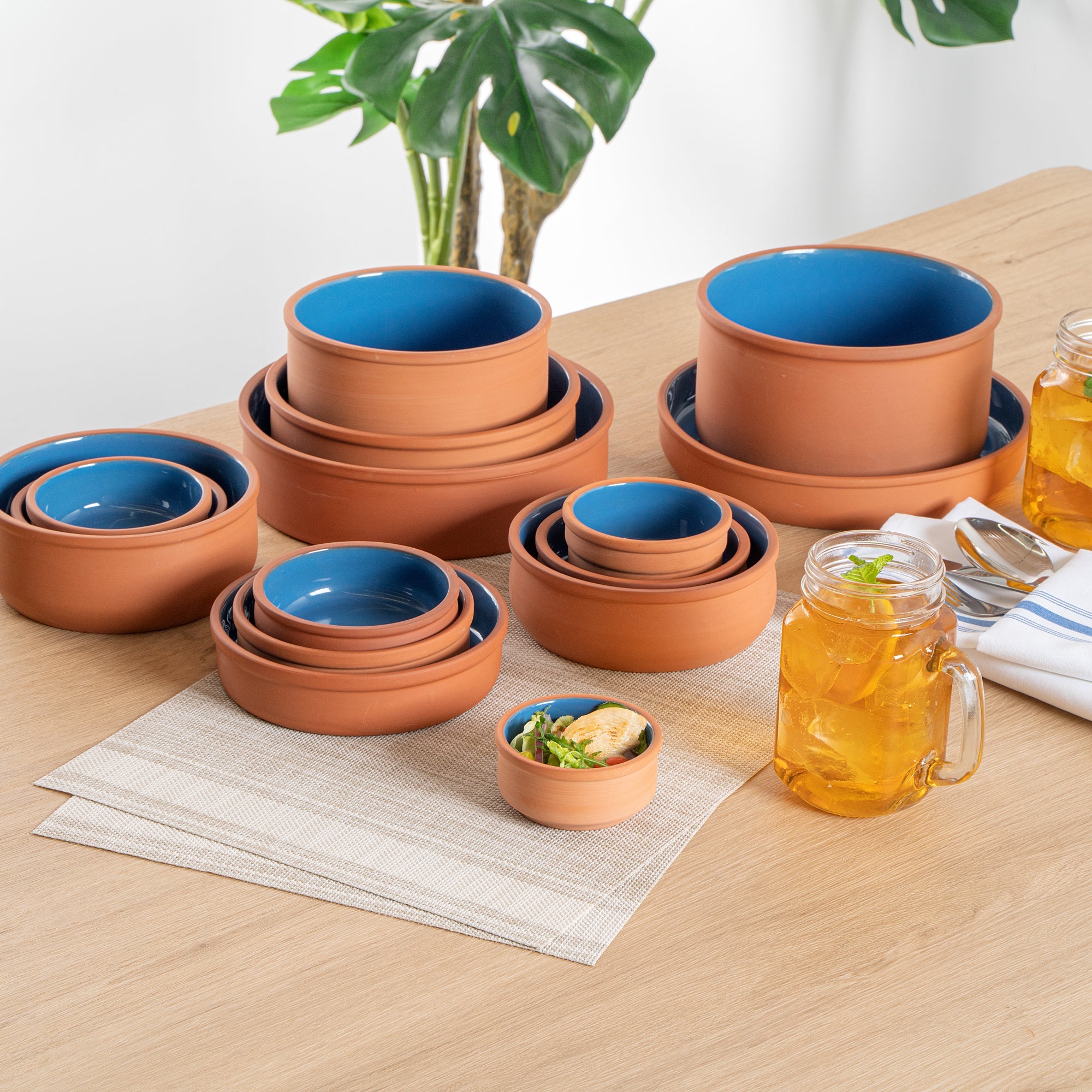 Terra Tek 3 oz Terracotta Cazuela Bowl - Blue Glazed Interior, Oven-Safe, Microwave-Safe - 3 1/4'' x 3 1/4'' x 1 1/2'' - 10 count box